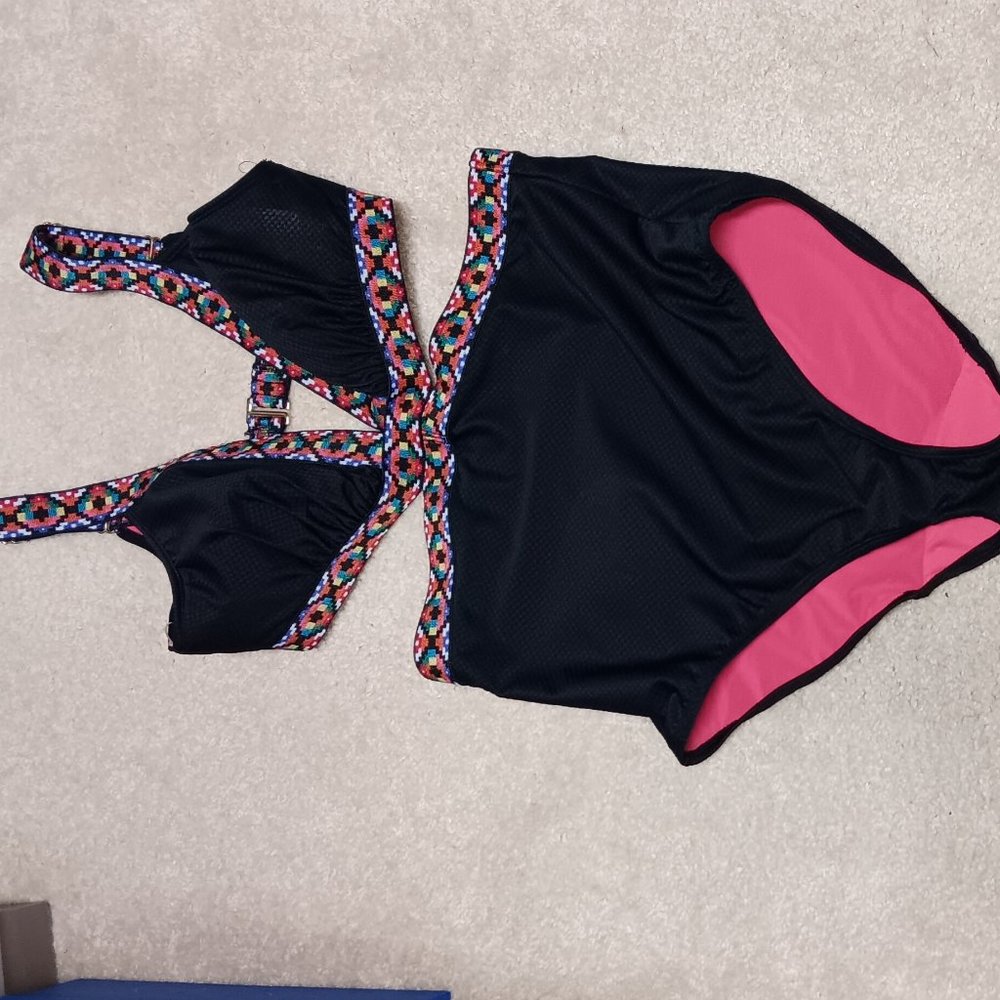 Black and Pink Women's Two-Piece Swim Set with Multicolor Trim